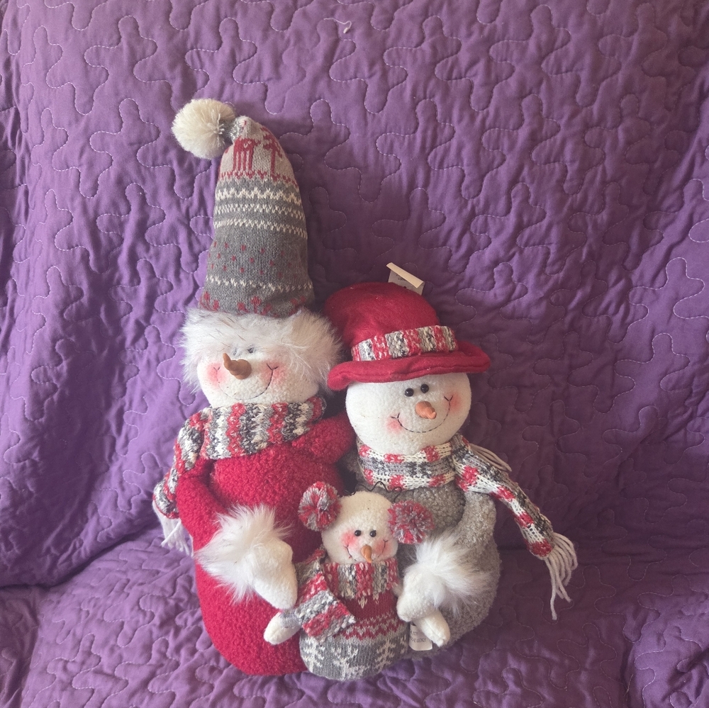 Charming Snowman Family Trio in Red and Gray